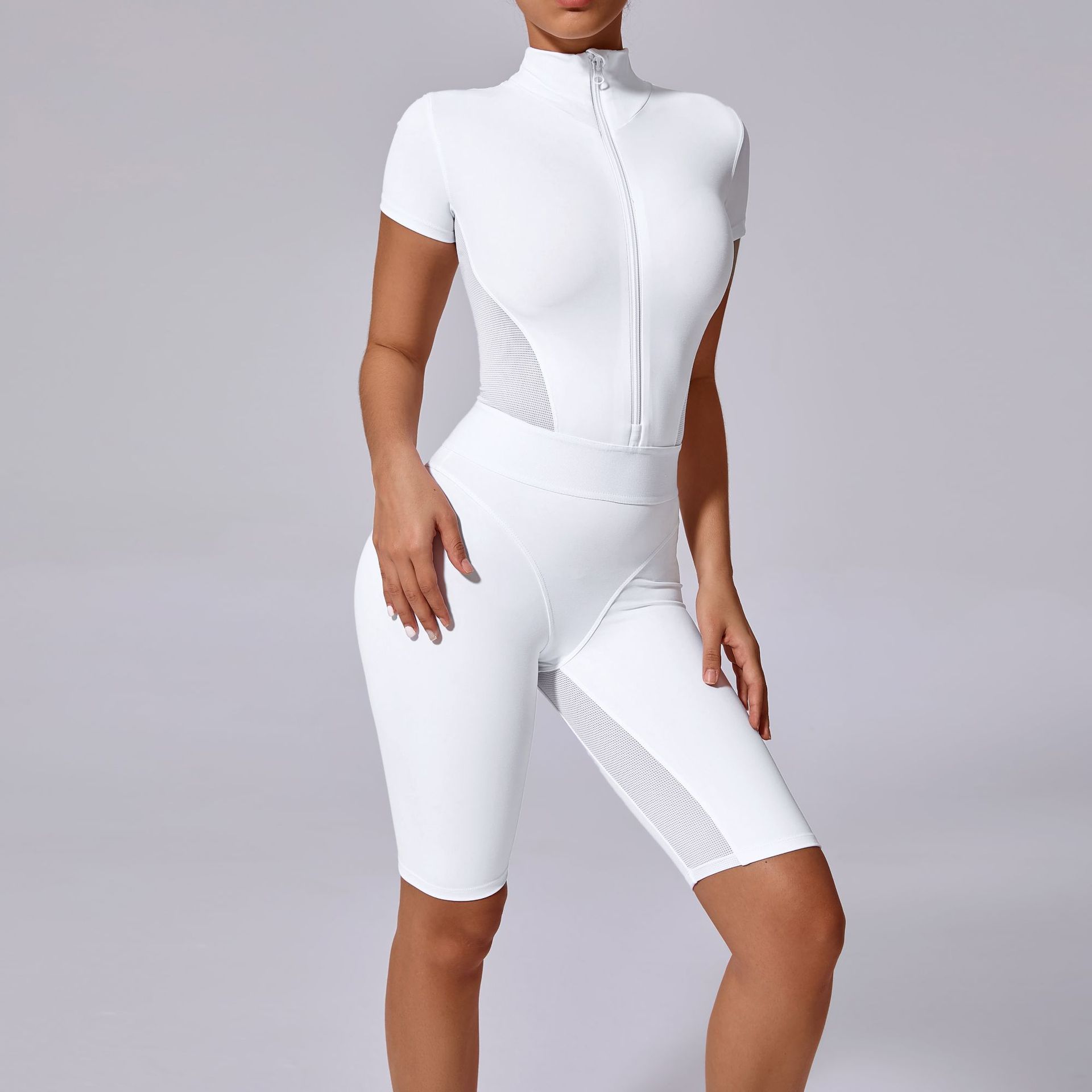 Title 5, Tight Waist Open Collar Zipper Short Sleeve Yog...