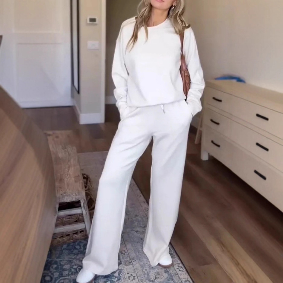 Womens Solid-Color Casual Crew-Neck Pullover Hoodie And Wide-Leg Pants Two-Piece Set