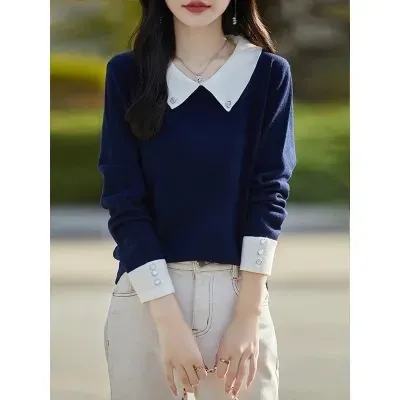French Minority Young Contrast Color Lapels Bottoming Sweater For Women Blue - Shop at LoveMi