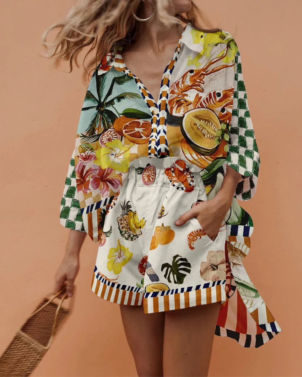 Fruit Printed Dovetail Top Cropped Pants - Color