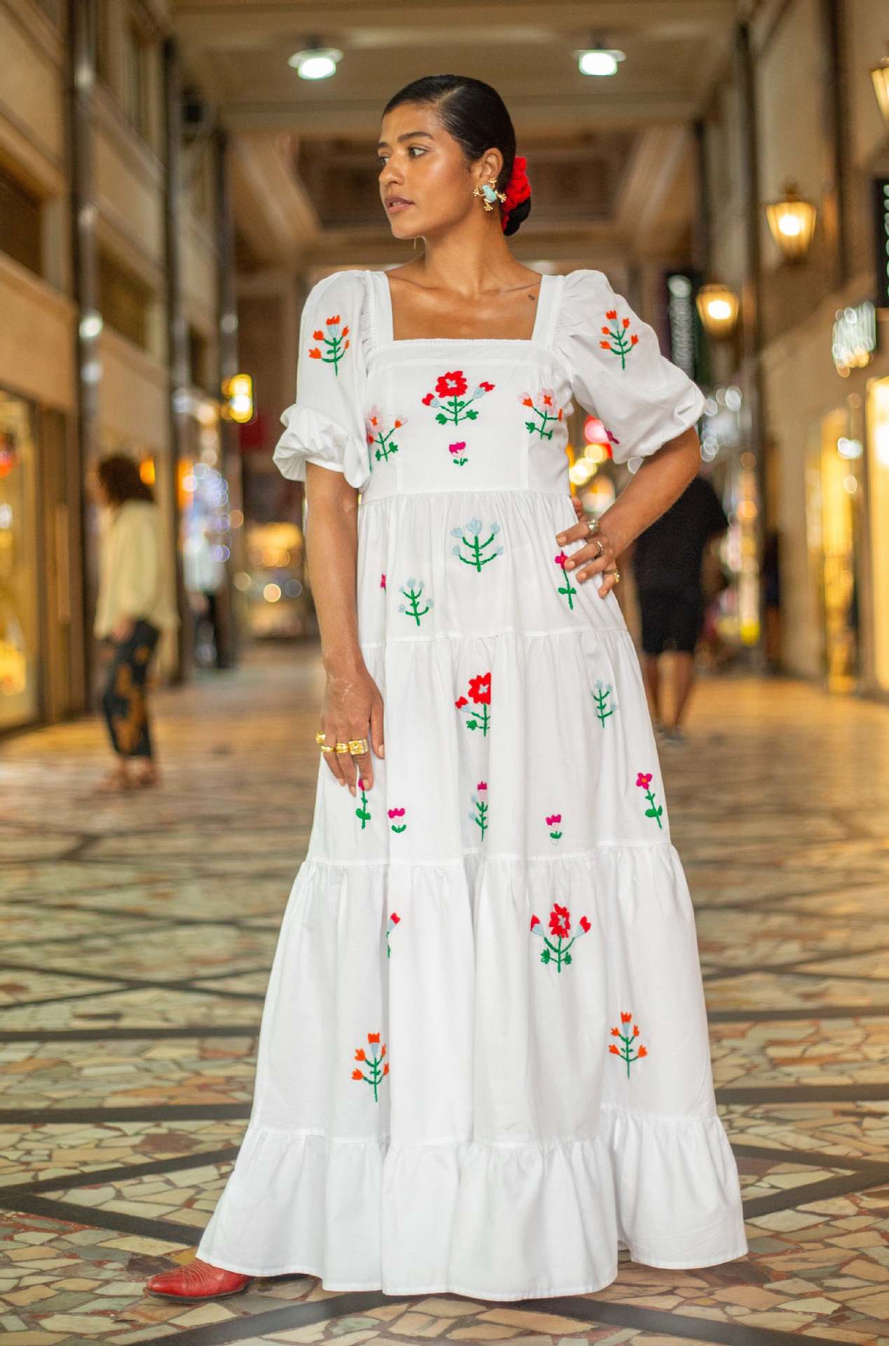 Puff Sleeve Embroidered Square Neck Maxi Beach Resort Dress