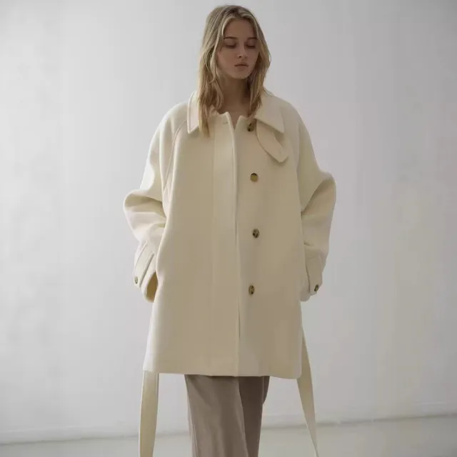 Elegant loose fitting belted mid length stand collar coat Cream Color - Shop at LoveMi