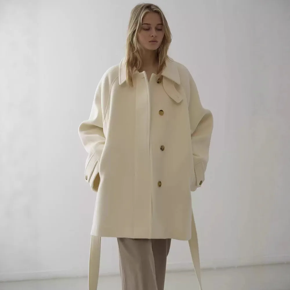 Elegant loose-fitting belted mid-length stand collar coat - Cream Color