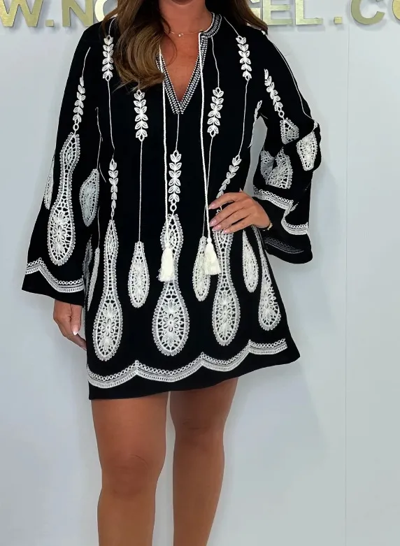 Hollow Artistic Elegant Design Spring Printed V neck Nightgown Black - Shop at LoveMi