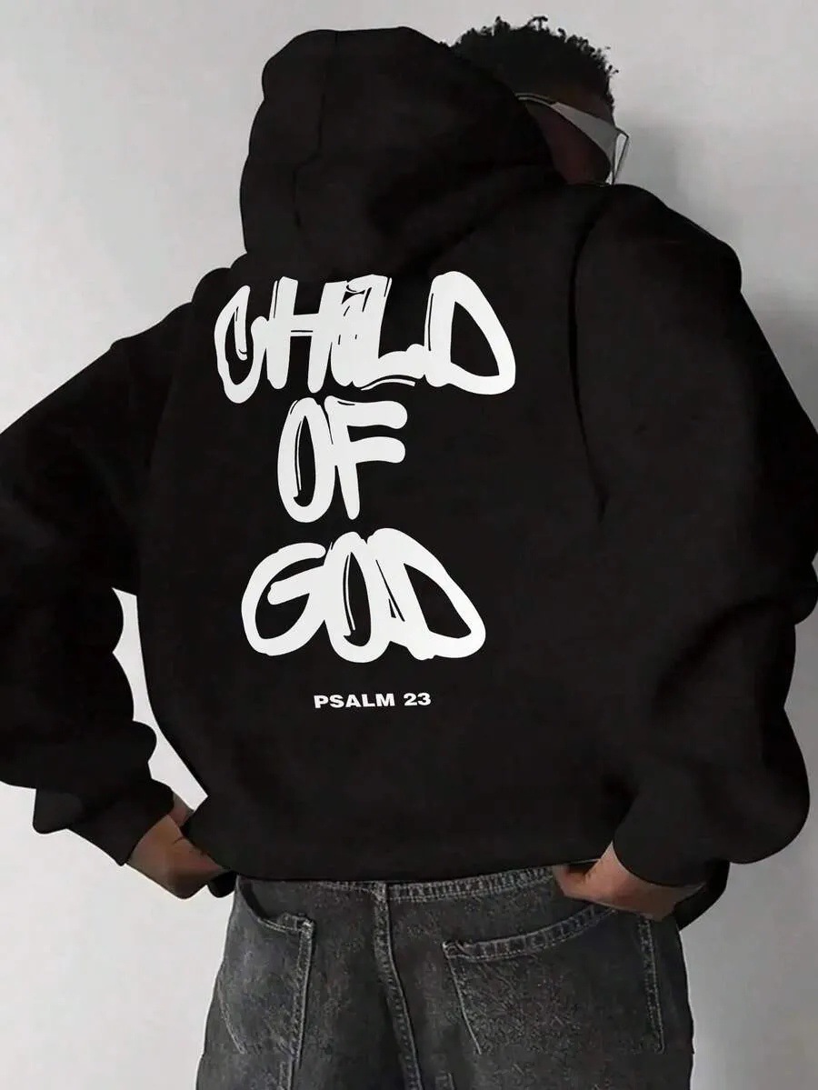 Mens Letter-Print Hoodie With Fleece-Lined Pullover Top