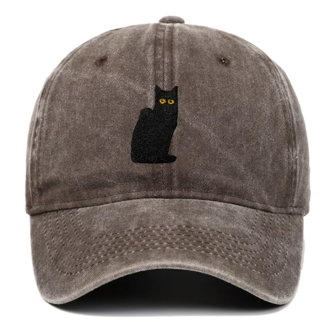 Sitting Black Cat Embroidered Baseball Cap Worn Looking Washed out Brown - Shop at LoveMi