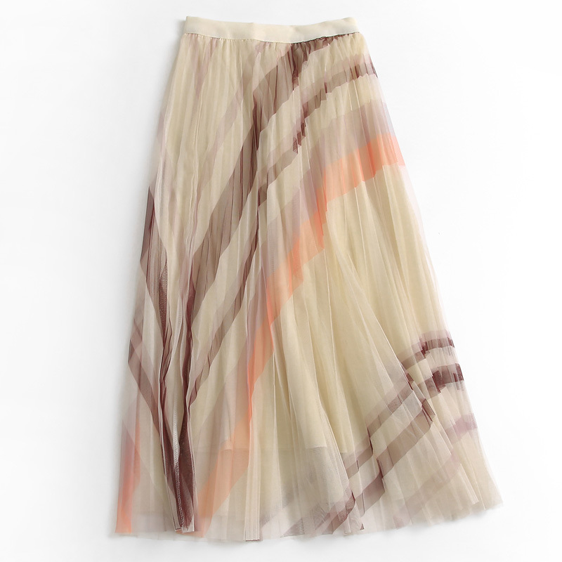 Women's Striped Elastic Waist Slim Fit Mesh Pleated Skirt