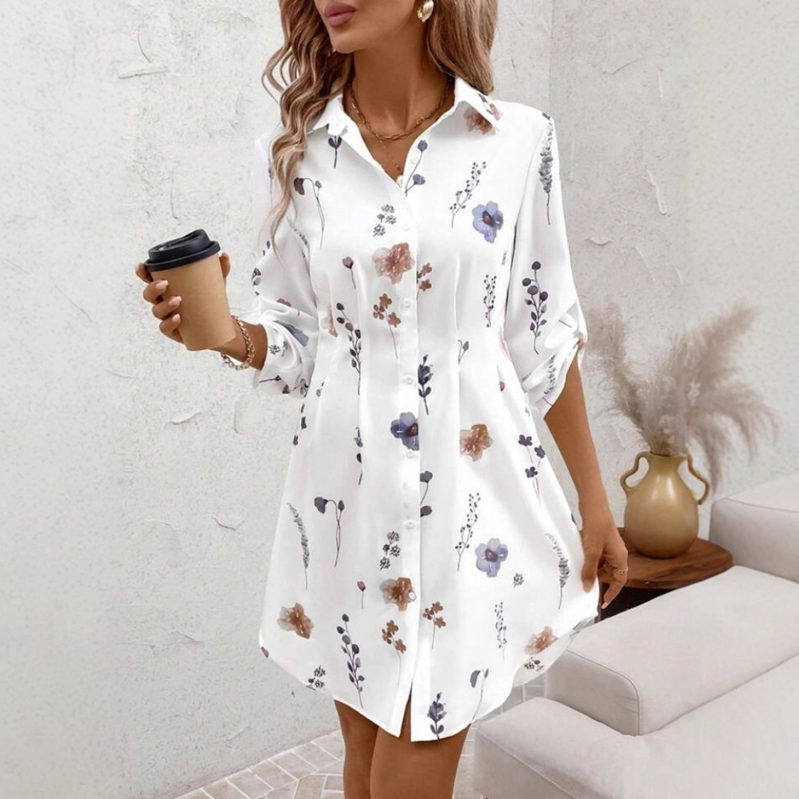 Elegant Floral Printing Lapel Long Sleeve Dress