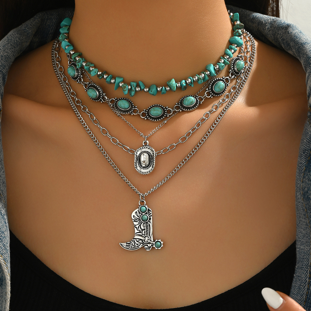Western Cowboy-Style Turquoise Necklace Set