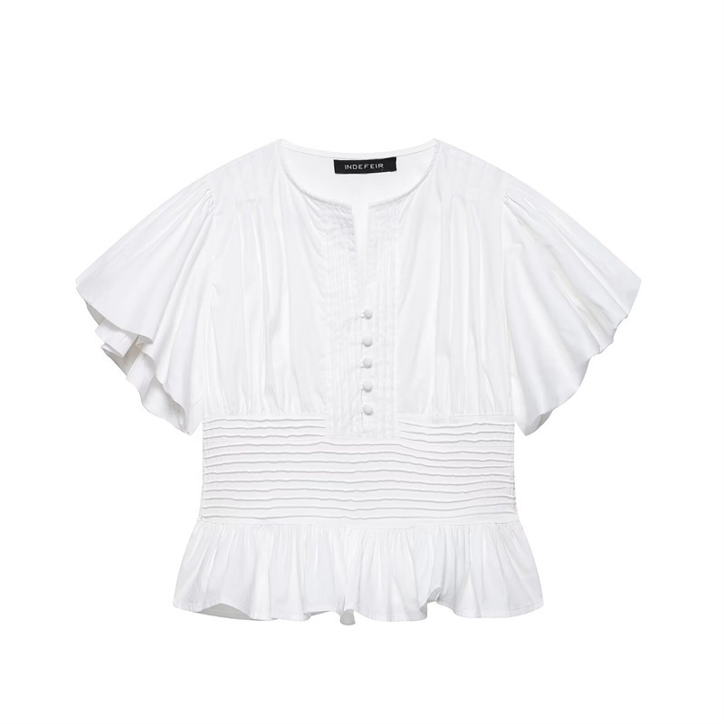 Women's slim-fit ruffle blouse in pink – puff-sleeve trim sleeveless elegant top