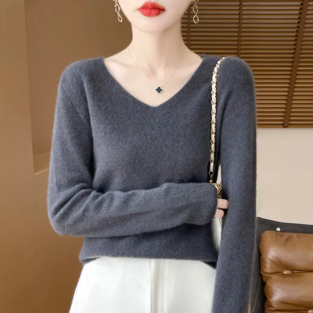 Women's Woolen Sweater V neck Loose Wool Base Shirt Elephant Gray - Shop at LoveMi