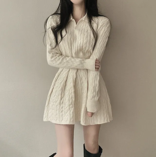Cute Knitted Sweater Pleated Skirt Slimming Slim Fit Suit Apricot - Shop at LoveMi