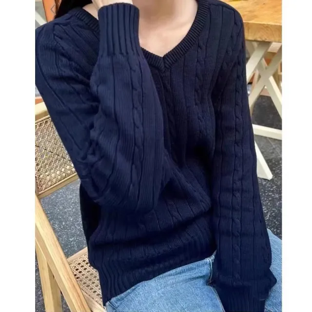 Women's Clothing Autumn Winter Retro V neck Cable knit Sweater Blue - Shop at LoveMi