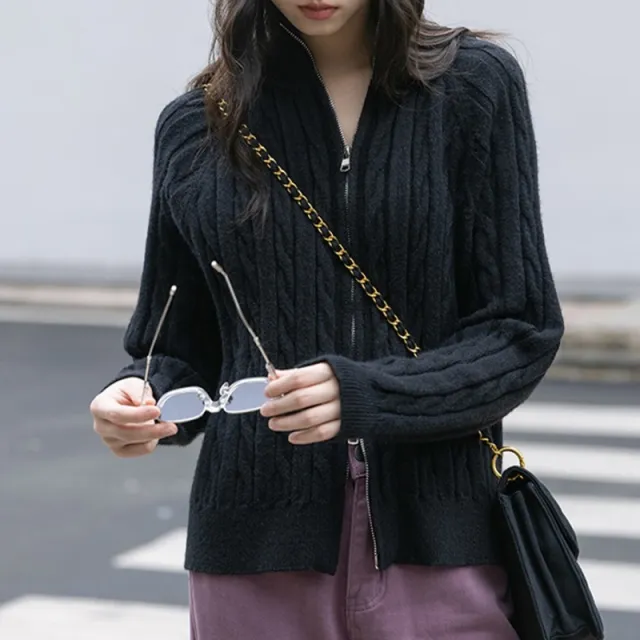 Zipper And Lapel Cable knit Sweater Women's Autumn And Winter Solid Color Vintage Coat Black - Shop at LoveMi