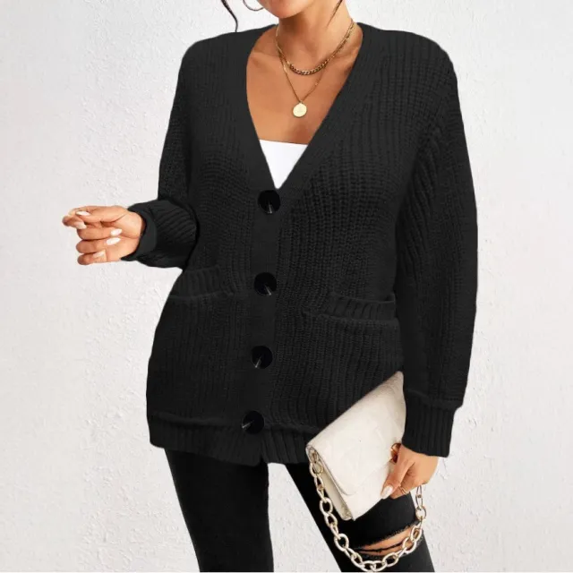 Fashion Loose Pockets Button Women's Cardigan Sweater Black - Shop at LoveMi