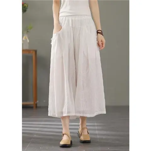 Retro Buckle Casual Thin Cotton And Linen Cropped Wide leg Pants For Women White - Shop at LoveMi