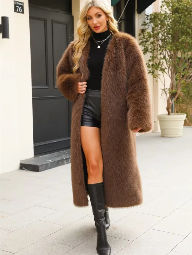 Fashionable V neck Long Coat For Women Brown - Shop at LoveMi