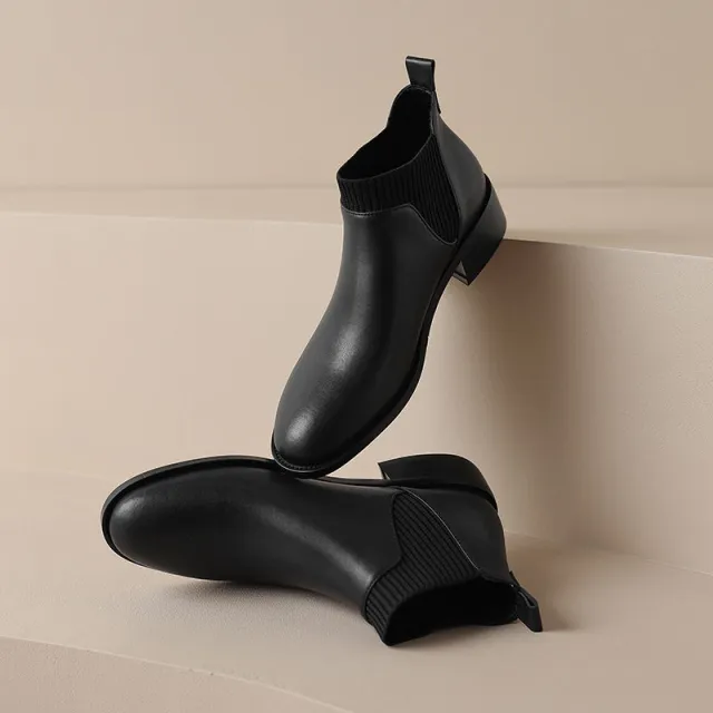 Elegant All match Knitted Stitching Ankle Boots Chunky Heel Black - Shop at LoveMi