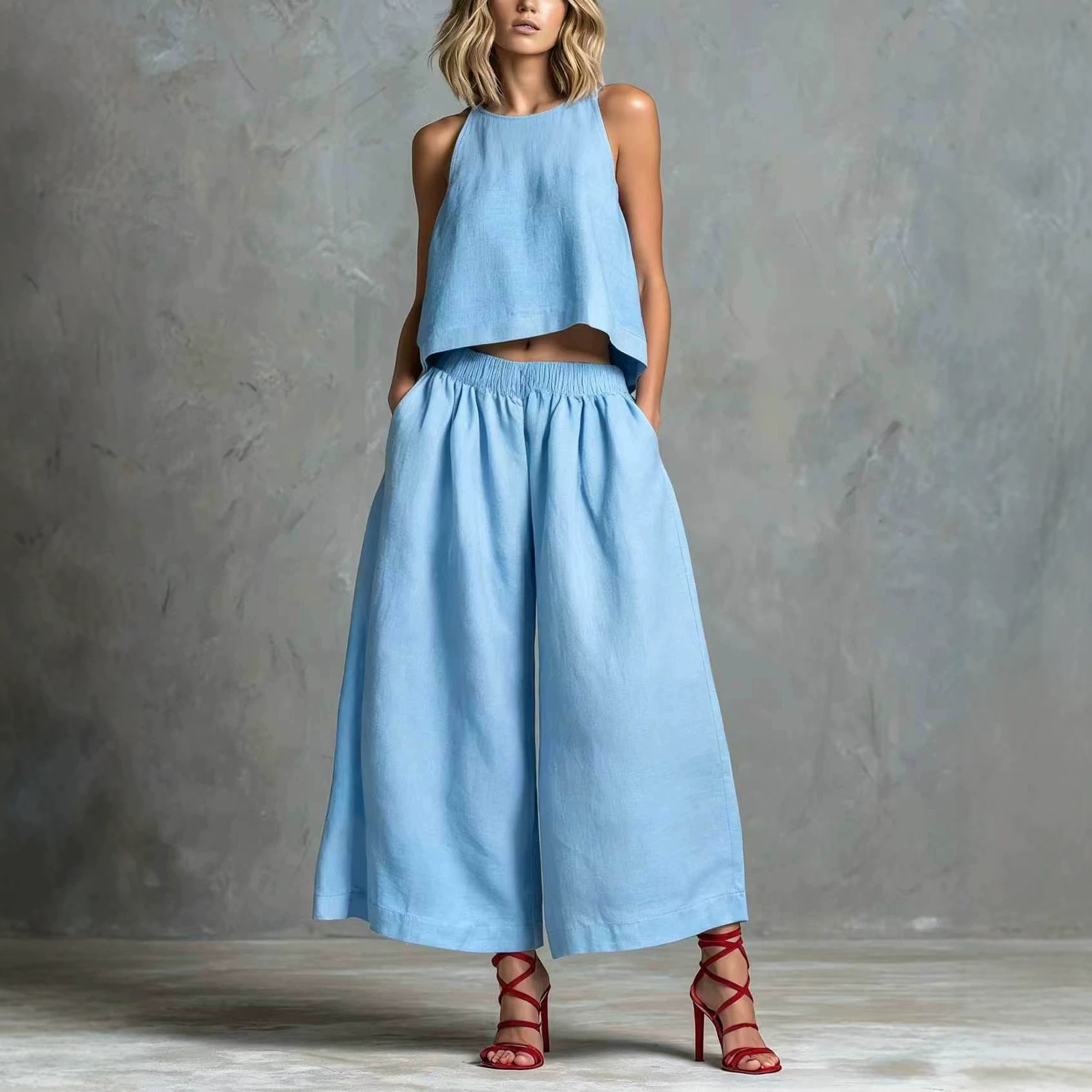 Loose Laid-back Linen Vest And Wide-leg Pants Set