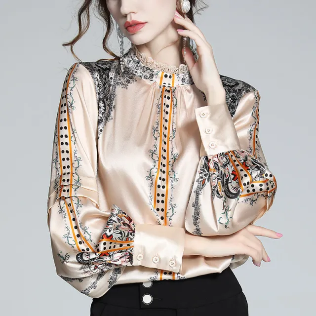 French Socialite Silk Printing Faux Silk Shirt Apricot - Shop at LoveMi