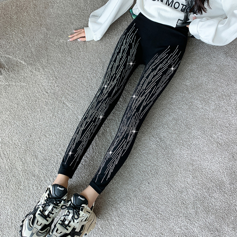 Shiny Rhinestone Leggings For Women Big Line Starry 260G Velvet - Shop at LoveMi