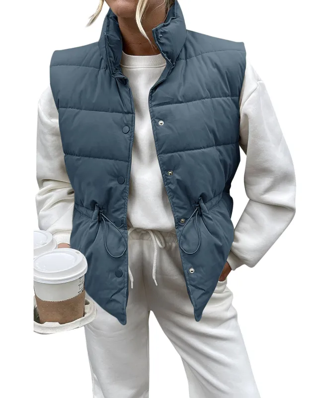 Women's Stand Collar Single breasted Cotton Vest Dark Blue - Shop at LoveMi