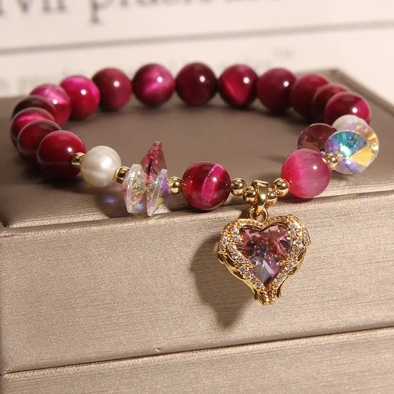 Women's Fashion Rose Red Tigereye Crystal Bracelet