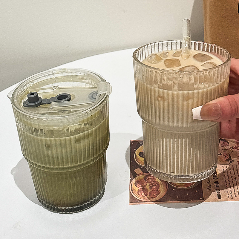 Vertical Stripe Glass Straw Household Large Capacity With Lid Bamboo Joint Cup