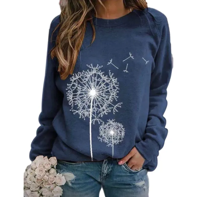 Womens Dandelion Print Crew Neck Long Sleeve Loose Casual Sweatshirt Navy - Shop at LoveMi