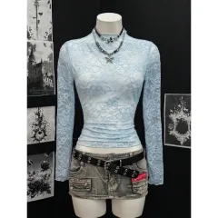Women's Lace Elastic Peony Print Sheer Sexy Top - Babyblue - View 1