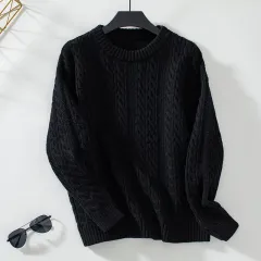 Women's Casual Solid Colour Round Neck Loose Retro Sweater - Black - View 1