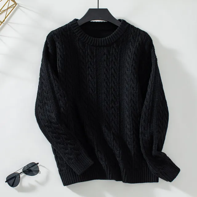 Women's Casual Solid Color Round Neck Loose Retro Sweater Black - Shop at LoveMi