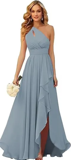 Women's Solid Colour Versatile Split Lace-up Long Chiffon Dress - Blue - View 1