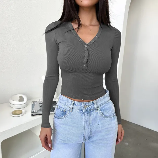 Y2g Slim fit V neck Buttons Bm Long sleeved Sweater Top Gray - Shop at LoveMi