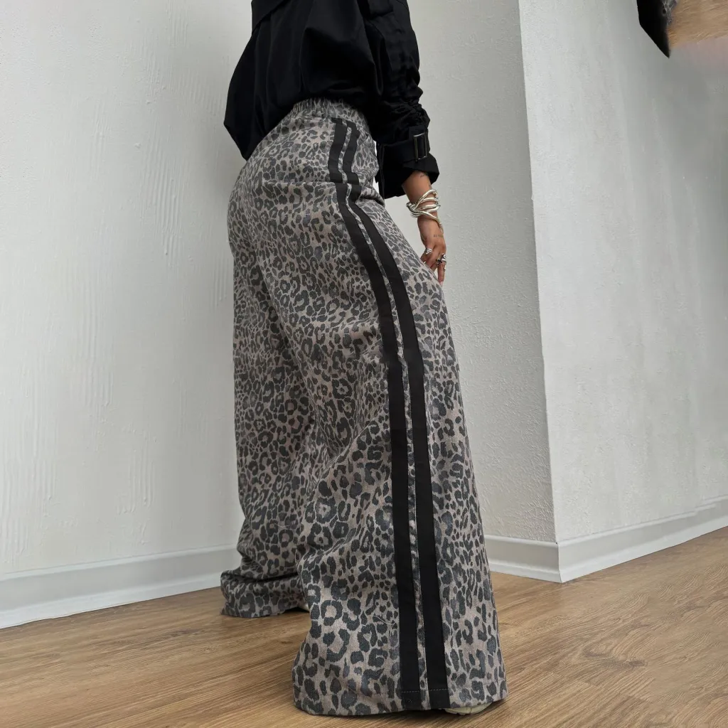 Leopard Print Mop Pants Women's Retro Side Striped Loose Wide-leg Pants - Gray