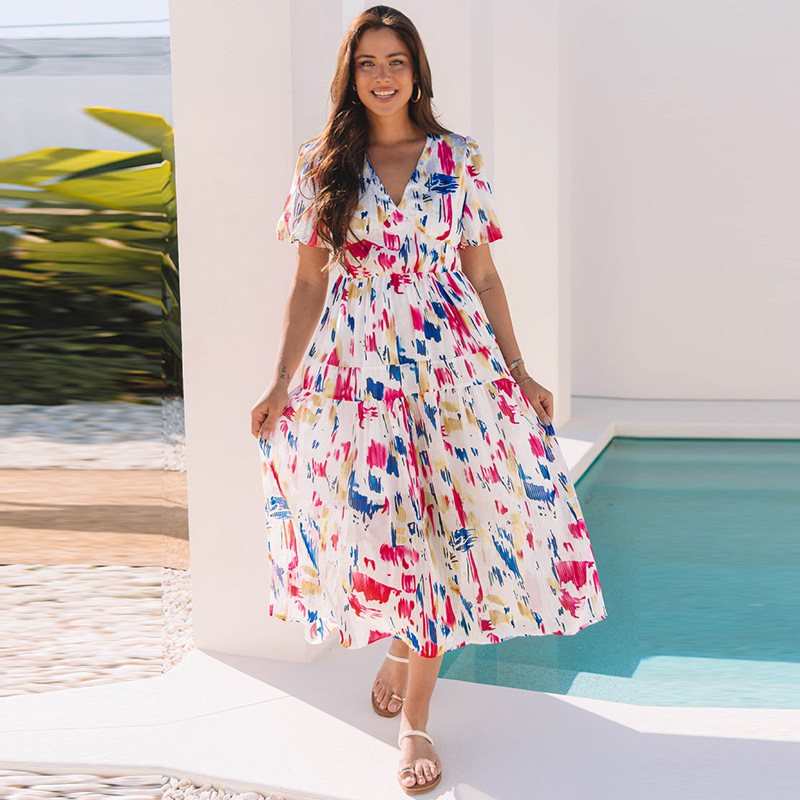 European And American Leisure All-match Multicolor Printed Cropped Dress