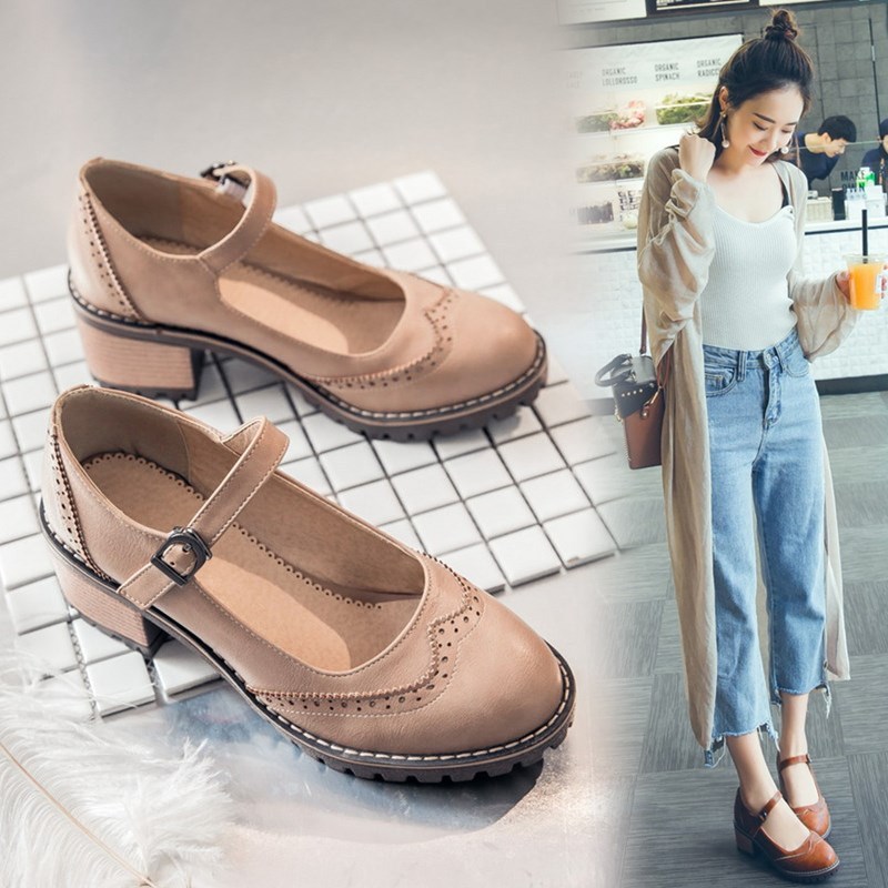 British-style Retro Artistic Chic Chunky-heeled Low-cut Womens Shoes