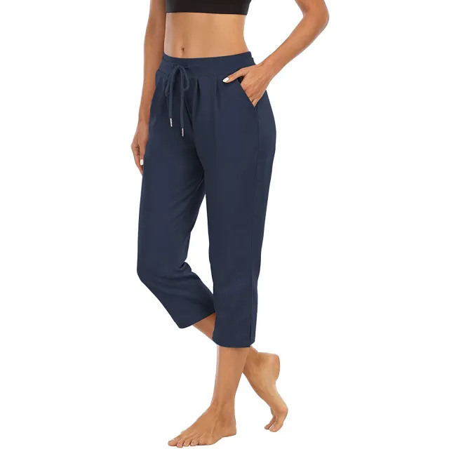Women's Solid Color Pocket High Top Sports Fitness Yoga Wide Leg Cropped Pants Cropped Pants Blue - Shop at LoveMi