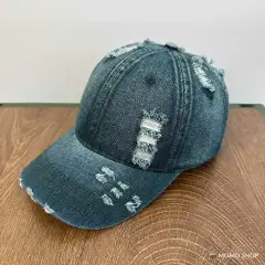 Men's And Women's Same Washed Denim Soft Peaked Cap Distressed - Dark Green - View 1