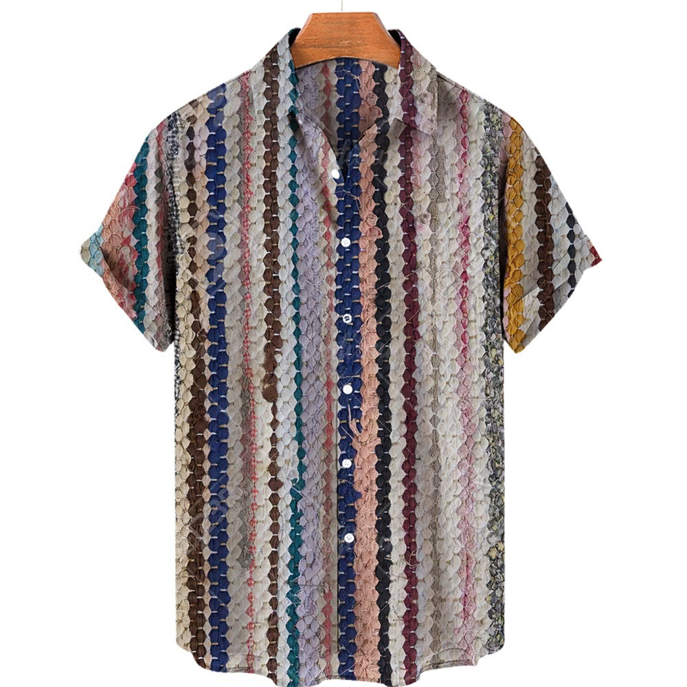 New Men's Ethnic Style Print Short Sleeve Hawaiian Shirt Beach Lapel Breathable Loose Plus Size Top