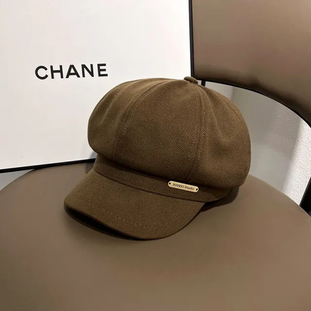 Autumn And Winter Women's Ins Metal Label Letters Peaked Cap Beret British Brown - Shop at LoveMi