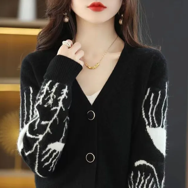 Mori Style V neck Cardigan Black And White Color Matching Sweater Top Black - Shop at LoveMi