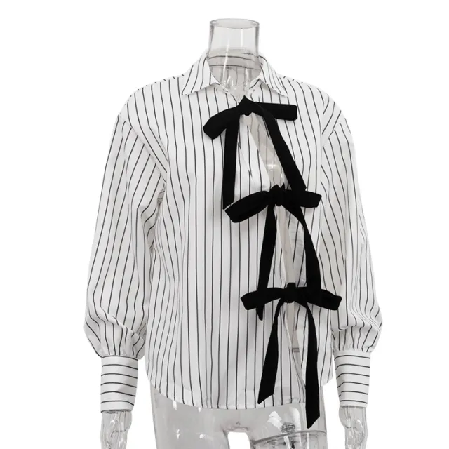 Lapel Long Sleeve Bowknot Lace Printing Striped Shirt White - Shop at LoveMi