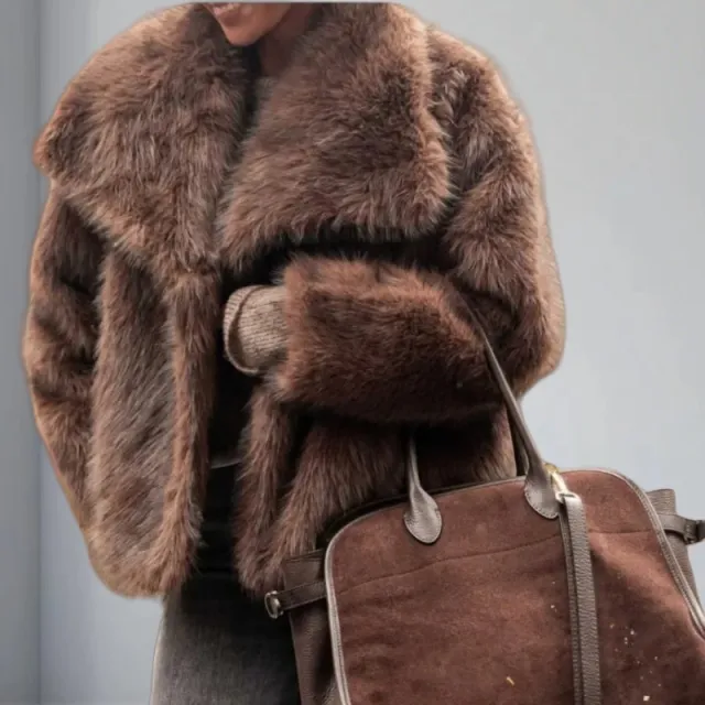 Women's Pure Color Versatile Faux Fur Collar Long Sleeve Coat Plus Size Outerwear Brown - Shop at LoveMi