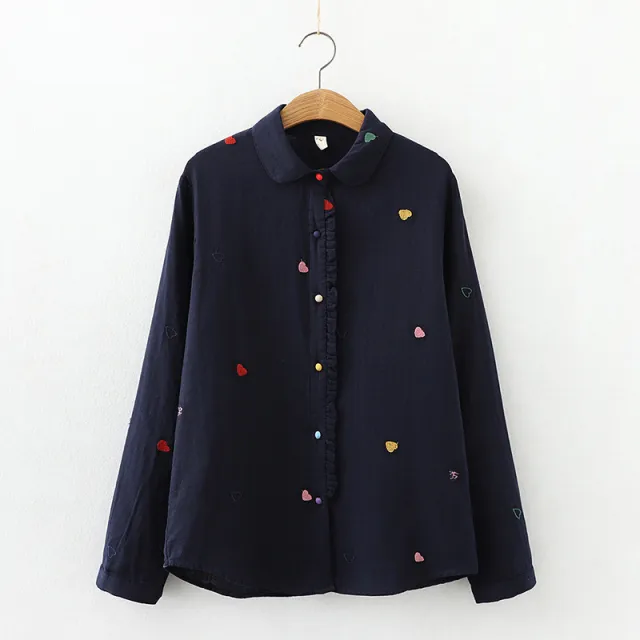 Artistic Double layer Cotton Yarn Doll Collar Printed Long sleeved Shirt Navy Blue - Shop at LoveMi
