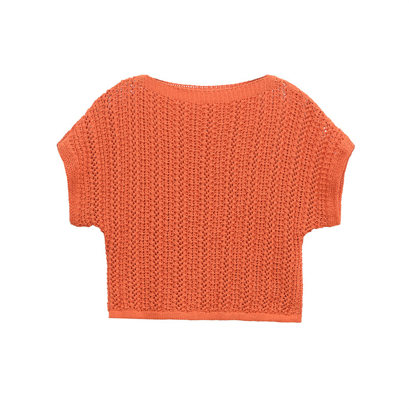 Fashionable All-match Hollow Round Neck Knitted Short Top