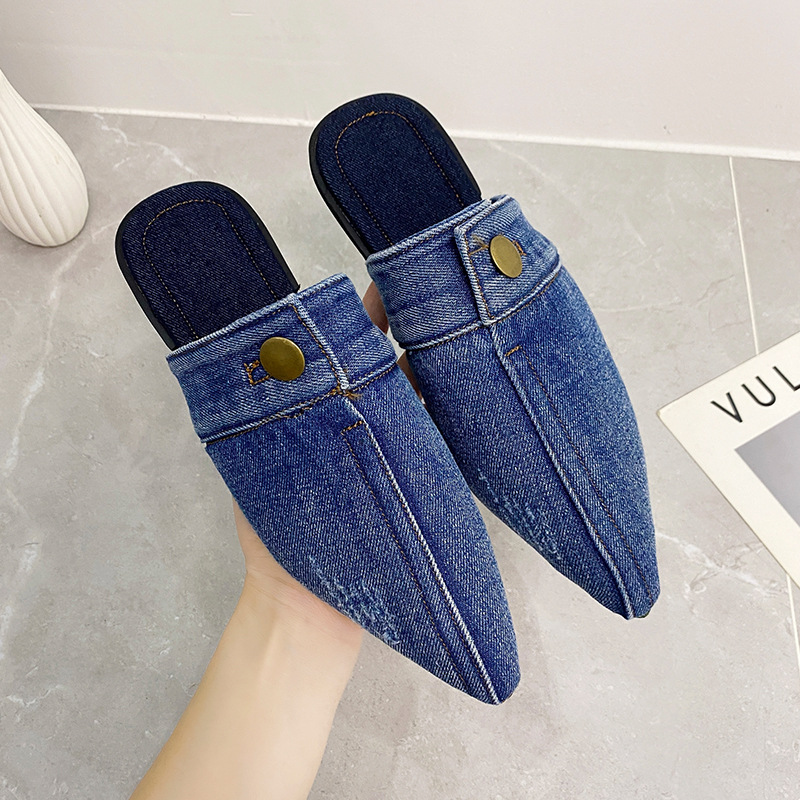 European And American Washed Denim Flat Closed Toe Slippers Women