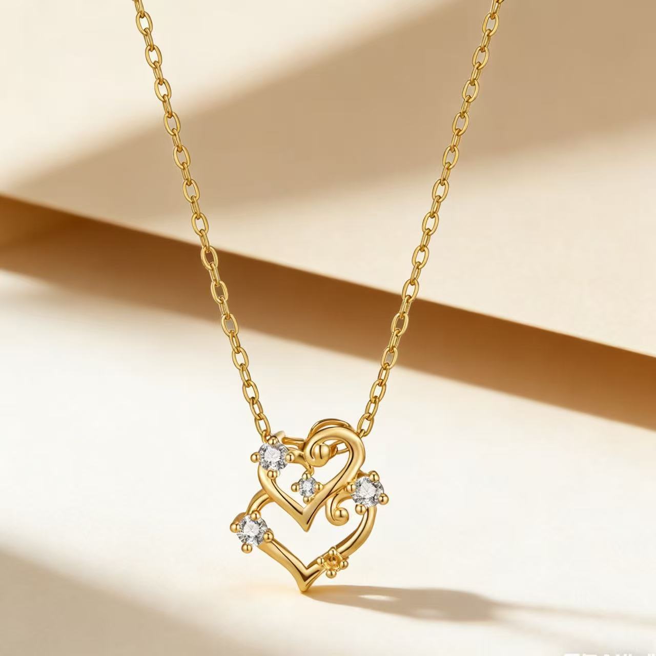 Double Heart Moissanite Necklace For Women Clavicle Chain With Love Pendant