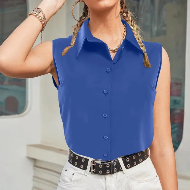 Solid Sleeveless Button Lapel Shirt Women's Top Blue - Shop at LoveMi