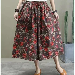 Floral SpringSummer New Mid-length High Waist Slimming A- Line Retro Elastic Midi Dress - Red - View 1